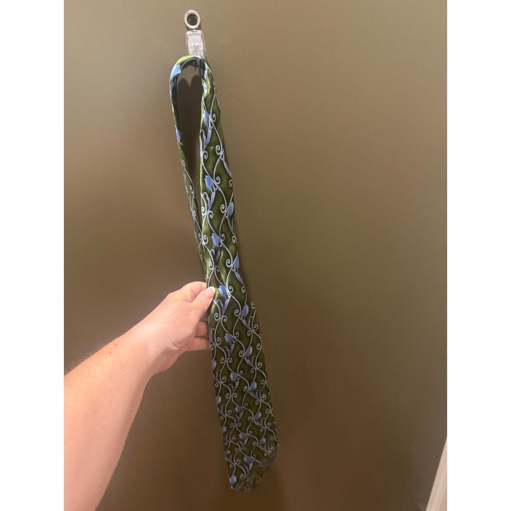 Scappino Italy Silk Necktie with Green and Blue Floral Scroll Pattern